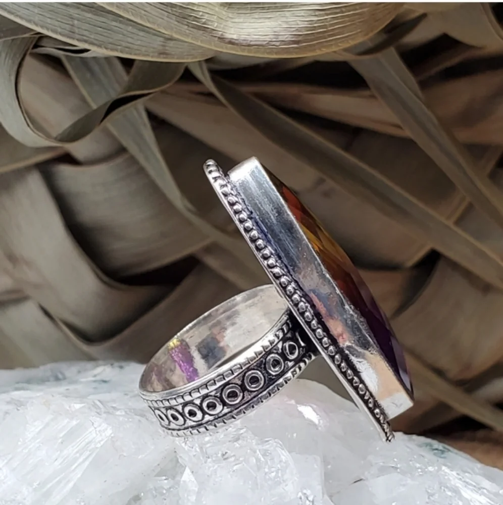 LARGE AMETRIN STONE  Rhodium/925 Silver Bohemian Ring Artisan Vintage Jewelry